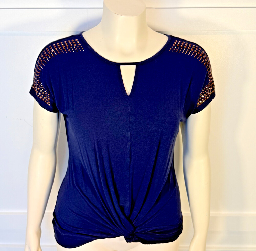 Carmen Marc Valvo Blouse Knit Top Womens L Navy w/ Copper Studs Keyhole Neck